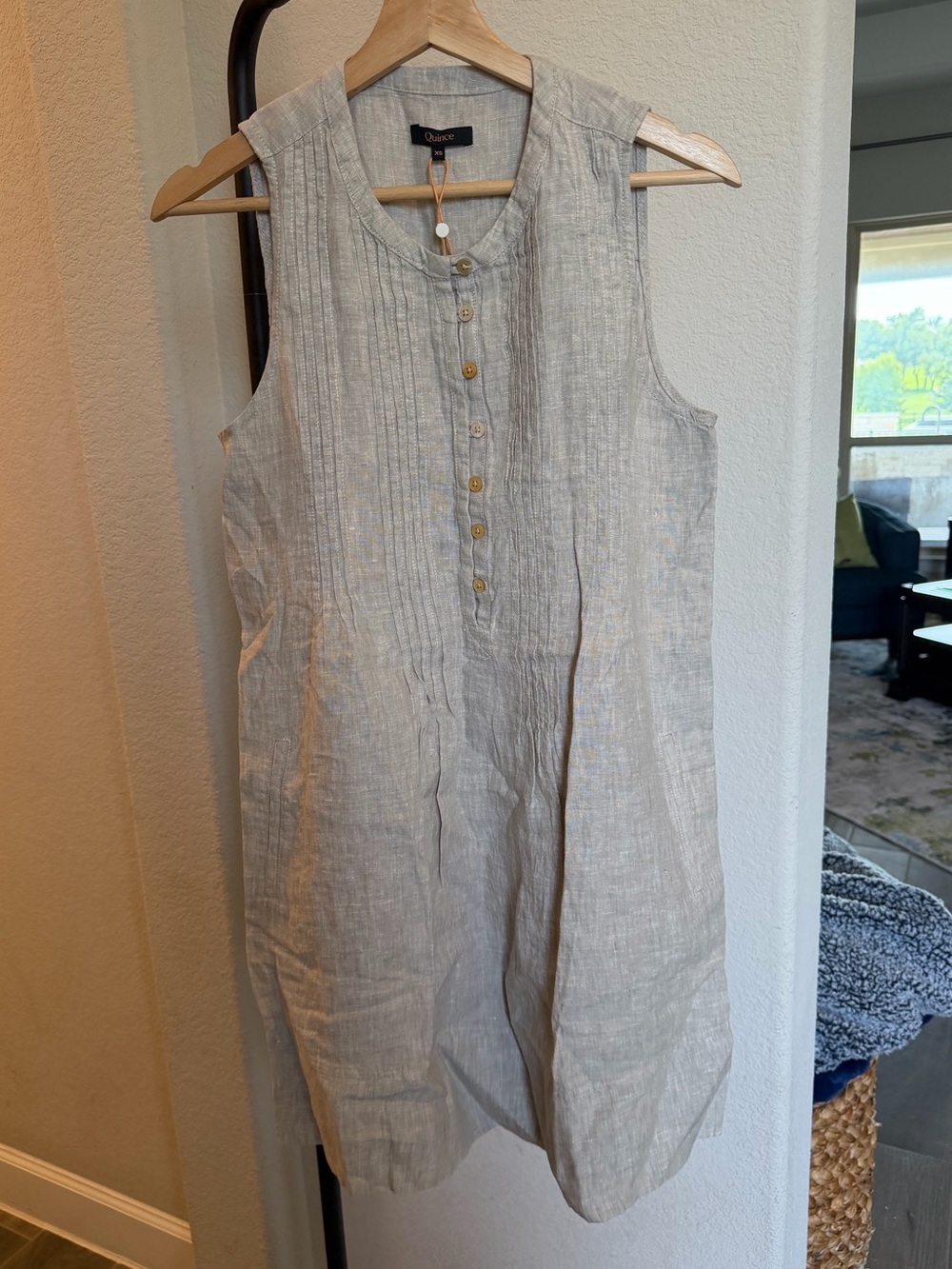 Quince 100% Organic Cotton Gauze Sleeveless Pintuck Swing Dress Flax Tan XS